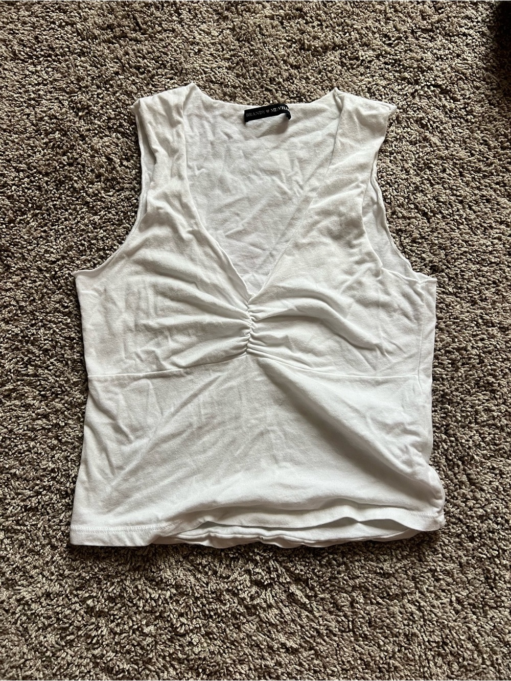 Brandy Melville White Gathered V-Neck Tank
